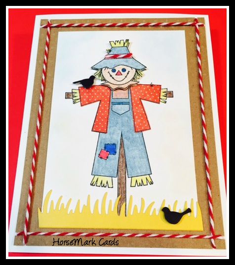 Scarecrow card with birds, grass, using bakers twine, fall cards created by HorseMark Cards