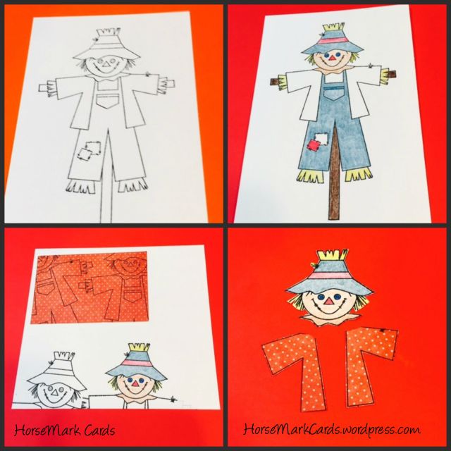 how to make a scarecrow card, layering cards, coloring  a scarecrow, making a card for autumn
