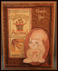 card with squirrel holding acorns, thank you card for autumn
